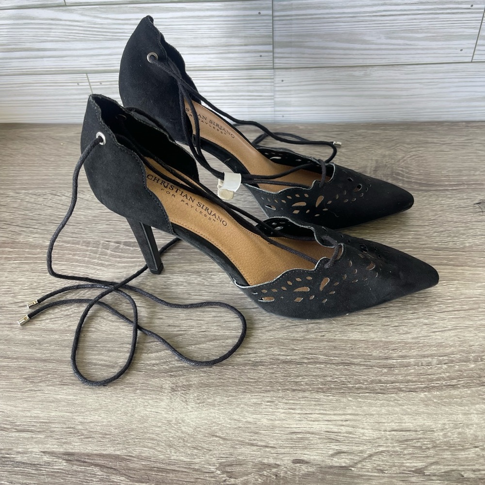Christian Siriano Women's Pointed Toe Lace-Up Ankle Strap Pump Heels Black 8.5